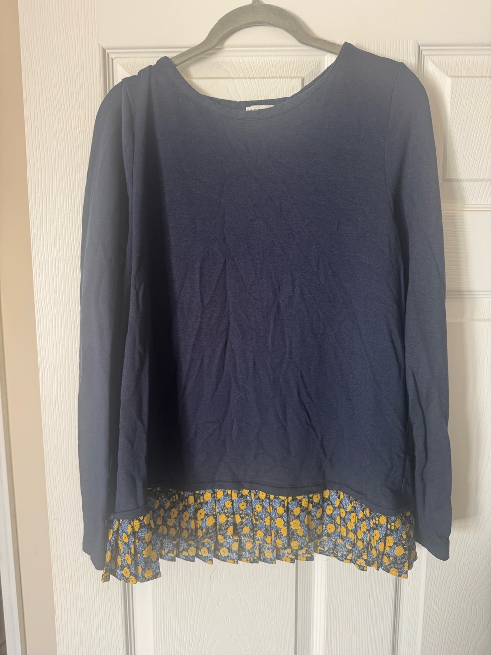 Navy Long-Sleeve Layered Hem Top with Yellow Floral Ruffle